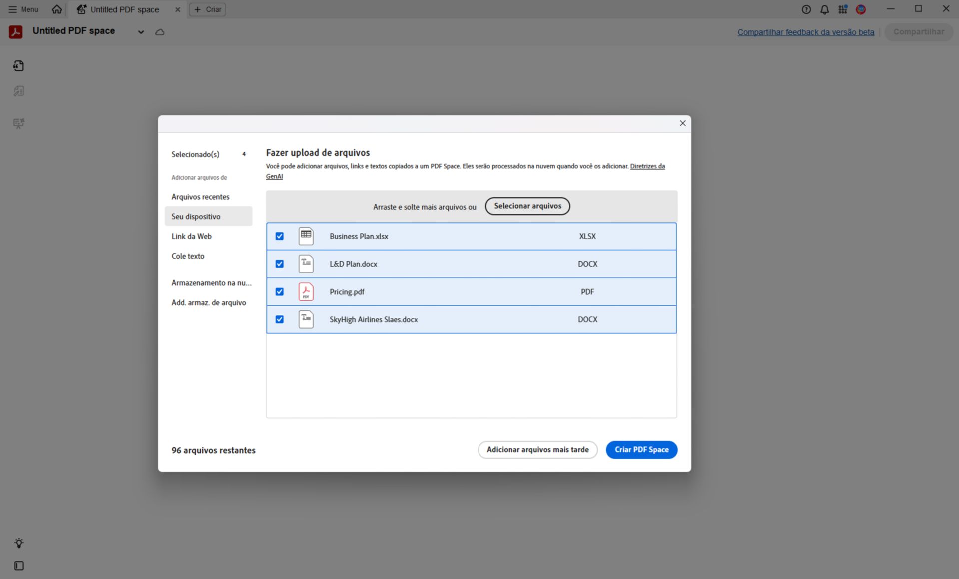 Caixa de diálogo para adicionar arquivos de origem a um PDF Space, com opções para fazer upload do dispositivo, armazenamento na nuvem, entrada de texto ou URL da web.