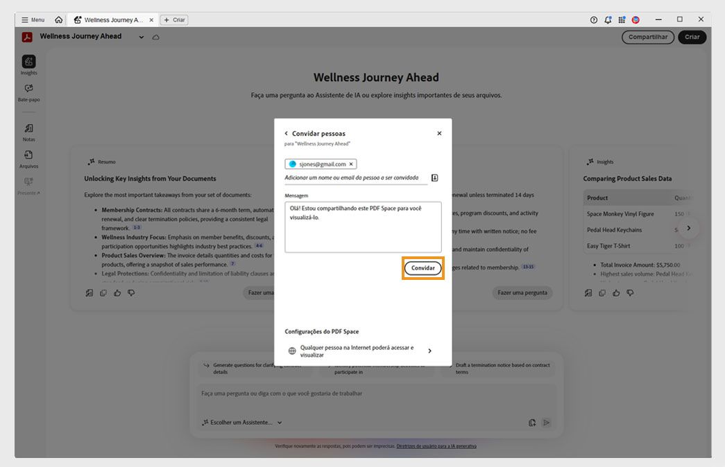 Caixa de diálogo para convidar destinatários a acessar um PDF Space, com opções de configurações de acesso e o botão Convidar para confirmação.