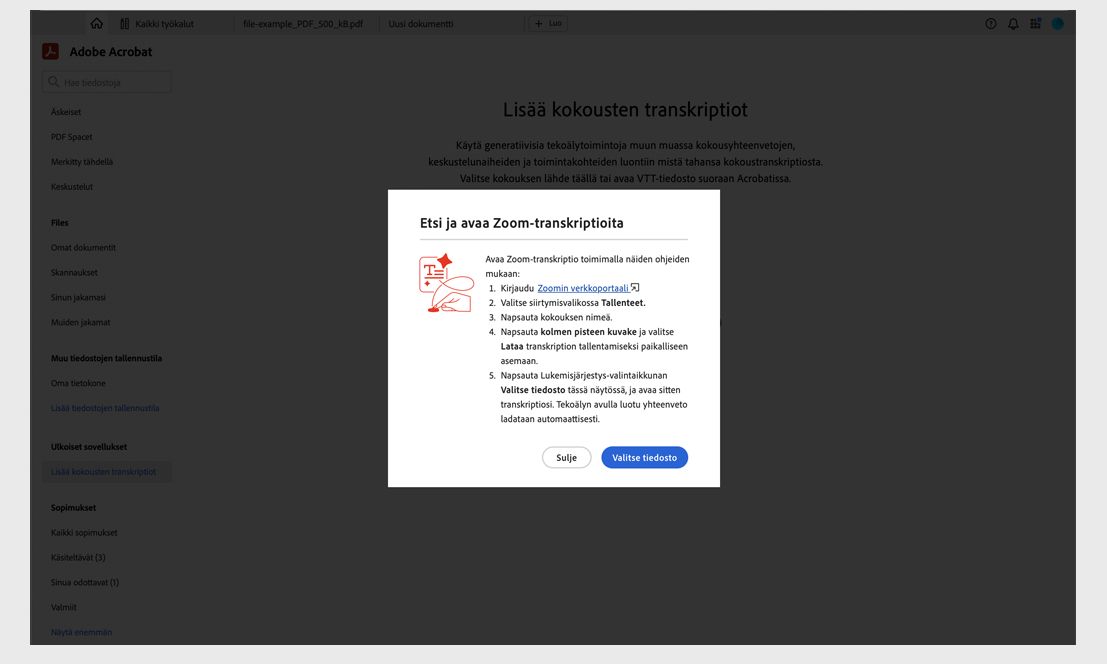 Zoom-transkriptioiden etsimisen ja avaamisen valintaikkuna, jossa näkyy vaiheet Zoom-kokouksen transkription lataamiseen sen avaamiseksi Acrobatissa.