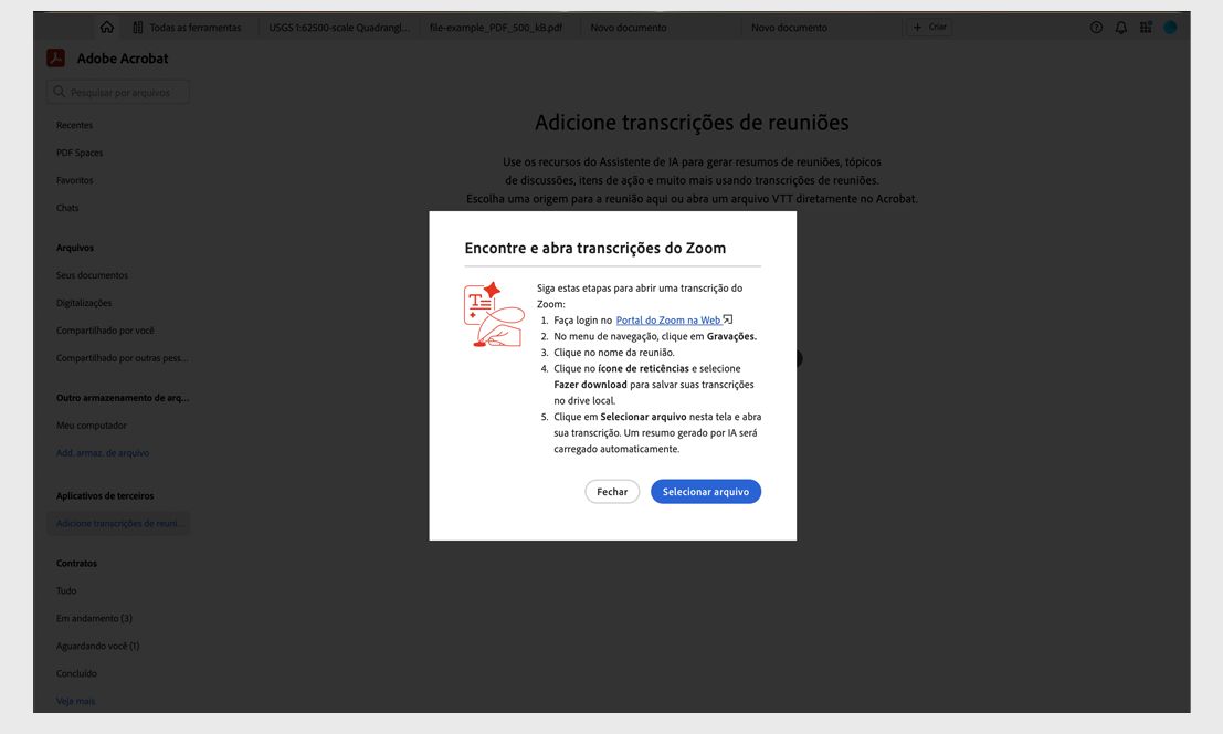 Caixa de diálogo Localizar e abrir transcrições do Zoom mostrando as etapas para baixar uma transcrição de reunião do Zoom para abrir no Acrobat.