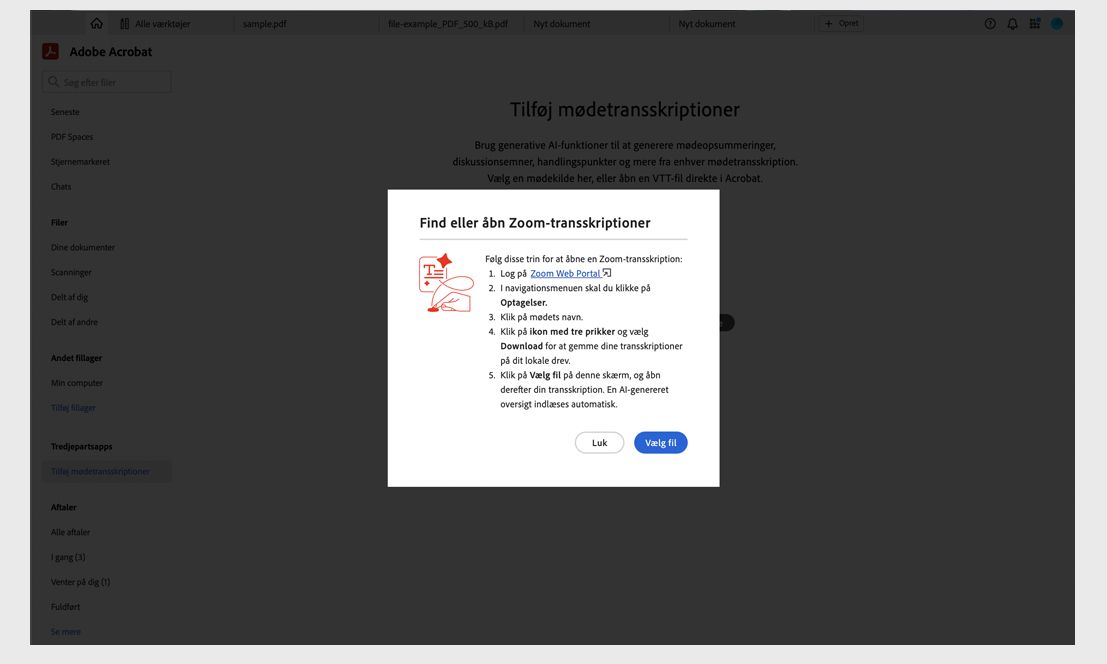 Find og åbn dialogboksen Zoom-udskrifter, der viser trin til at downloade en Zoom-mødeudskrift for at åbne den i Acrobat.