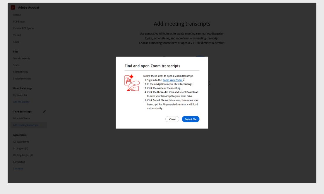 Hanapin at buksan ang Zoom transcripts dialog box na nagpapakita ng mga hakbang para i-download ang Zoom meeting transcript para buksan sa Acrobat.