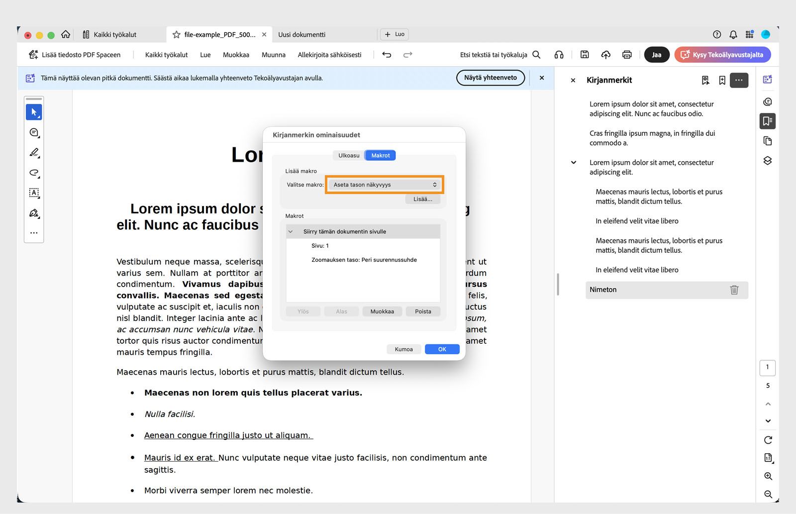 Kirjanmerkin ominaisuudet -valintaikkuna, jossa näkyy Toiminnot-välilehti avoinna.