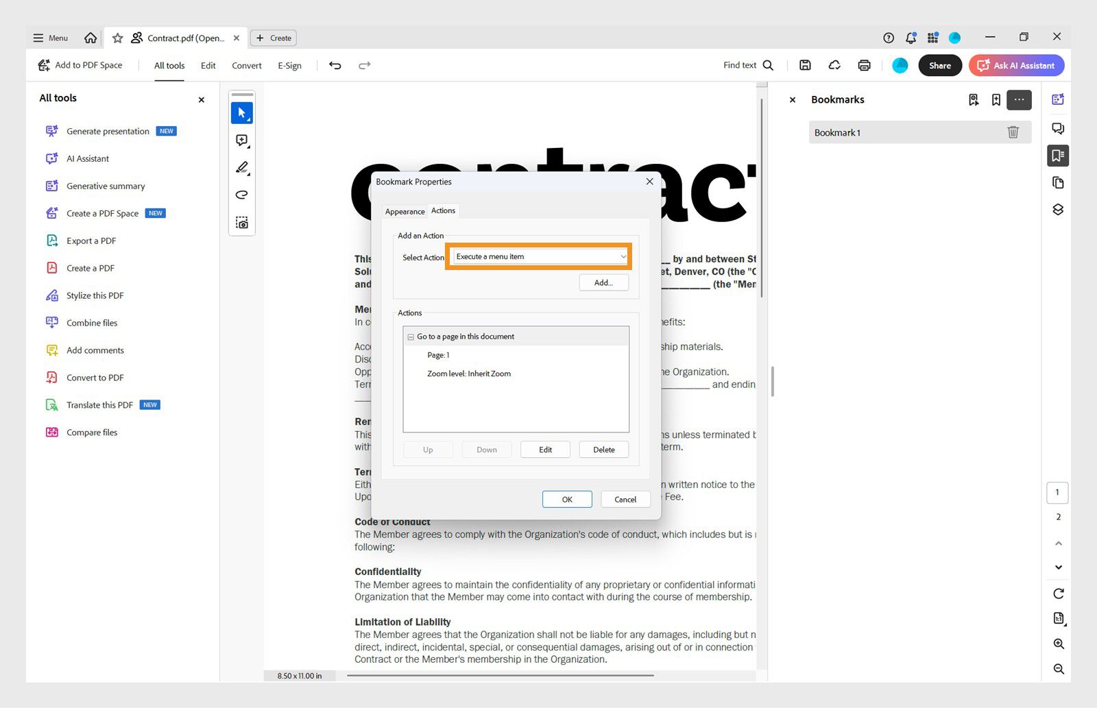 Dialog box na nagpapakita ng Bookmark Properties window na may Actions tab na nakabukas.