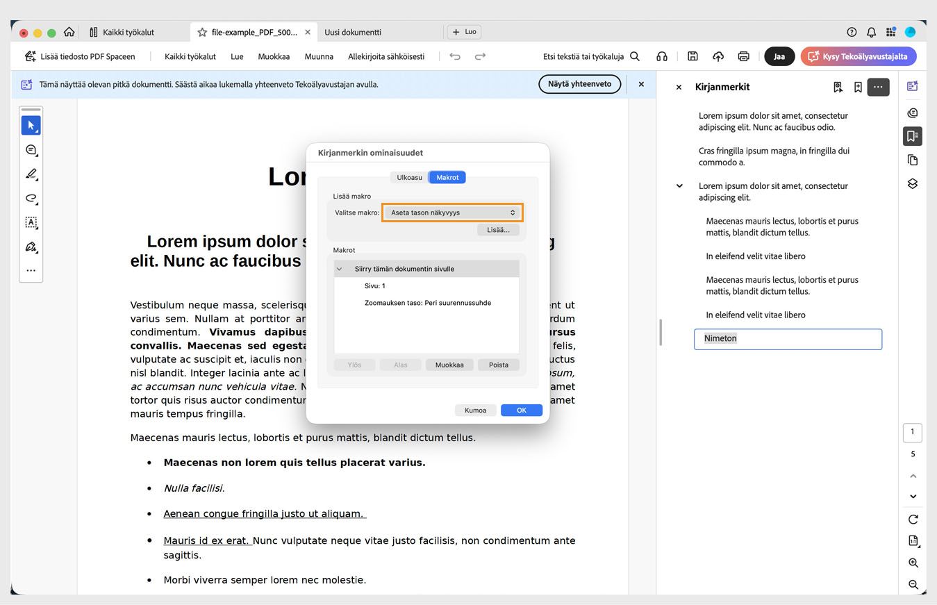 Kirjanmerkin ominaisuudet -valintaikkuna, jossa näkyy Toiminnot-välilehti avoinna.