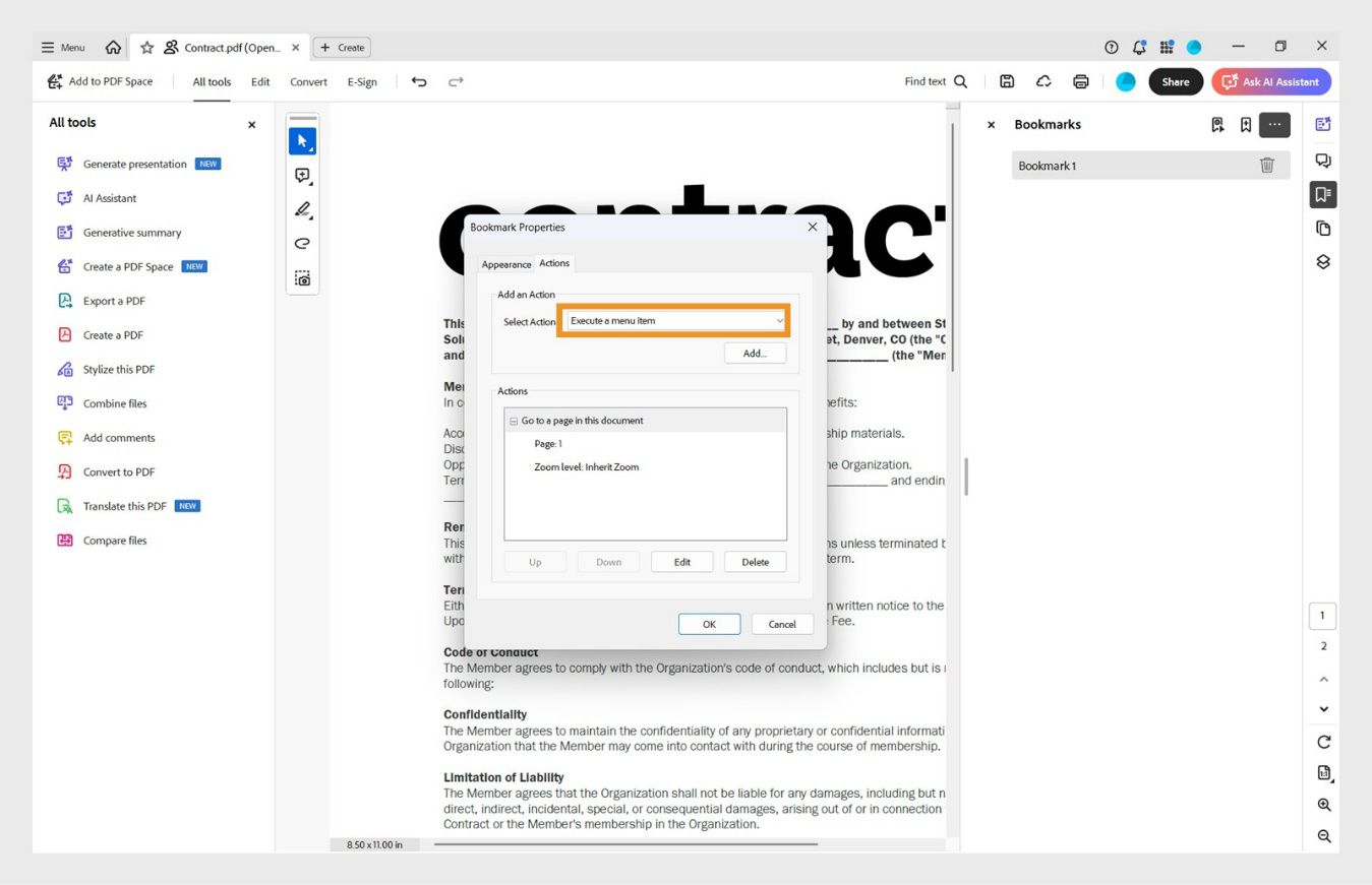 Dialog box na nagpapakita ng Bookmark Properties window na may Actions tab na nakabukas.