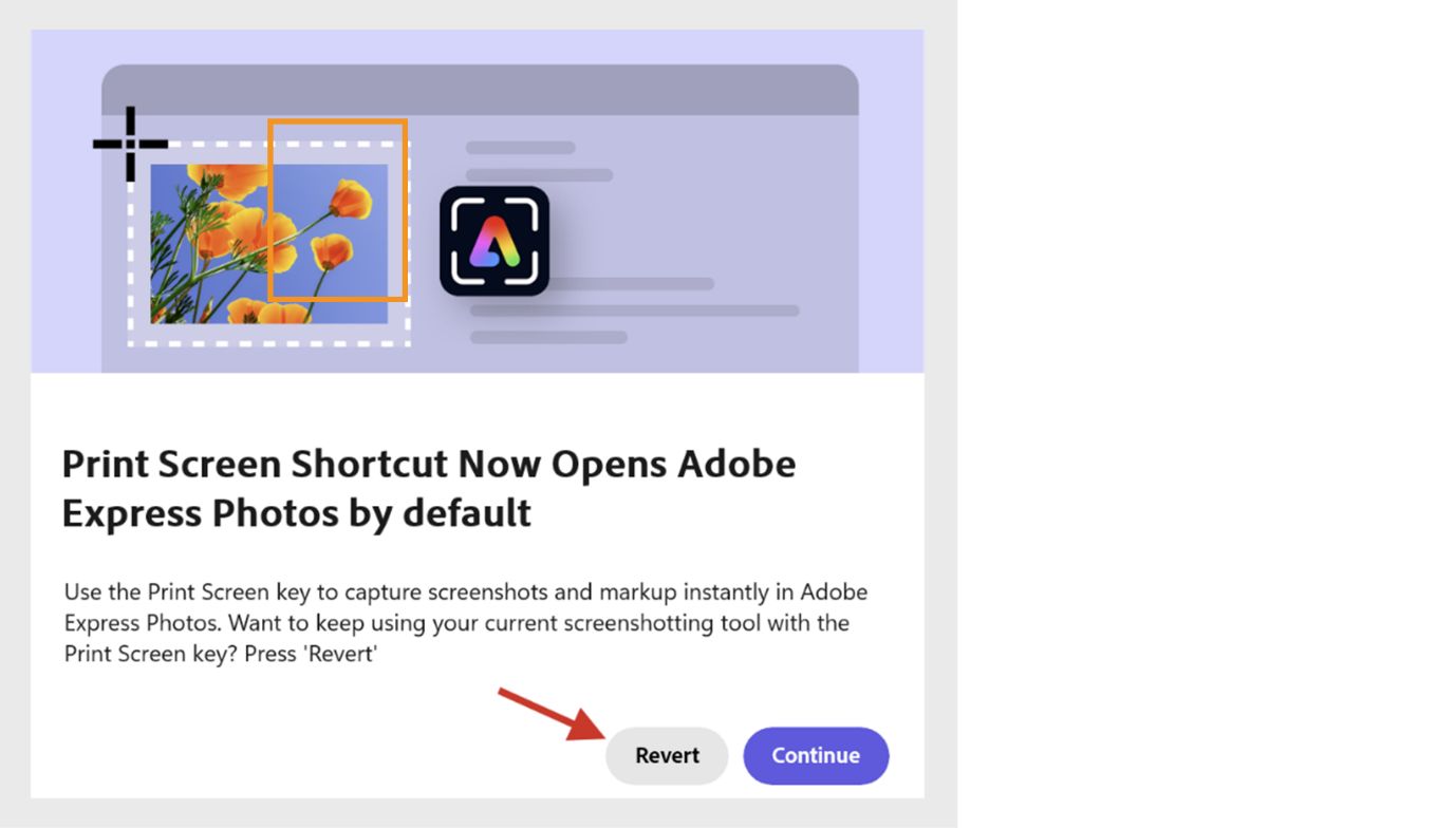 Dialogruta som visar meddelandet ”Genväg till utskriftsskärm öppnar nu Adobe Express Photos som standard” med knapparna Återställ och Fortsätt.