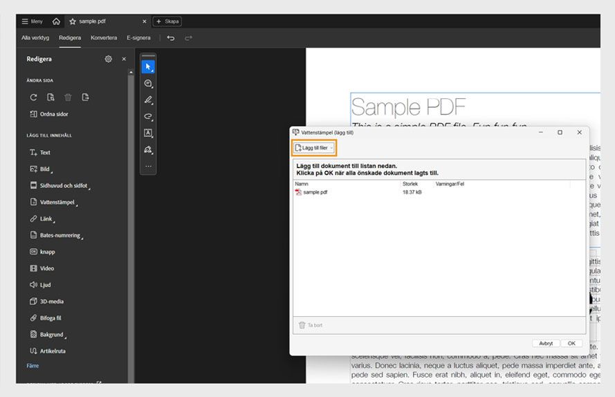 Dialogruta som visar alternativet att lägga till filer för borttagning av vattenstämpel från en eller flera PDF-filer med hjälp av Acrobats redigeringsverktyg.