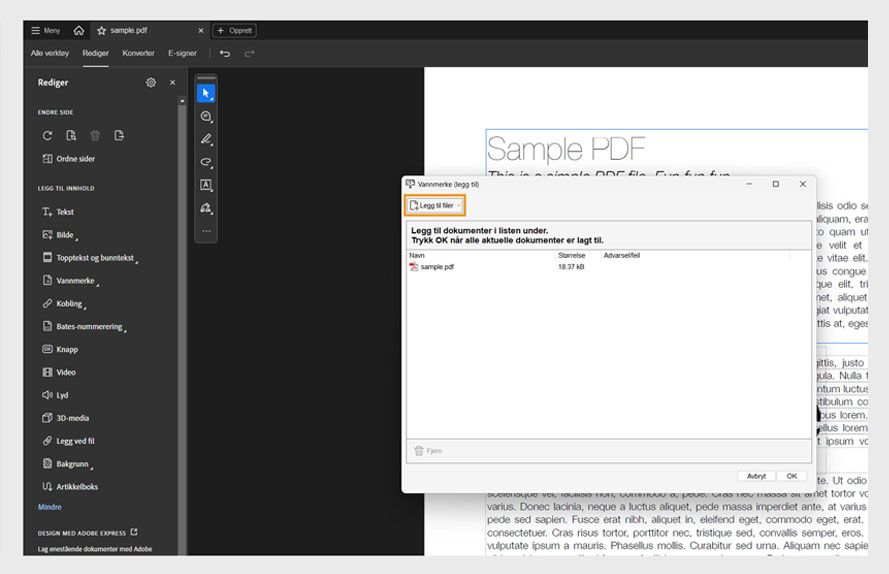 Dialogboks som viser alternativet for å legge til filer for fjerning av vannmerker fra én eller flere PDF-filer ved hjelp av Acrobats redigeringsverktøy.