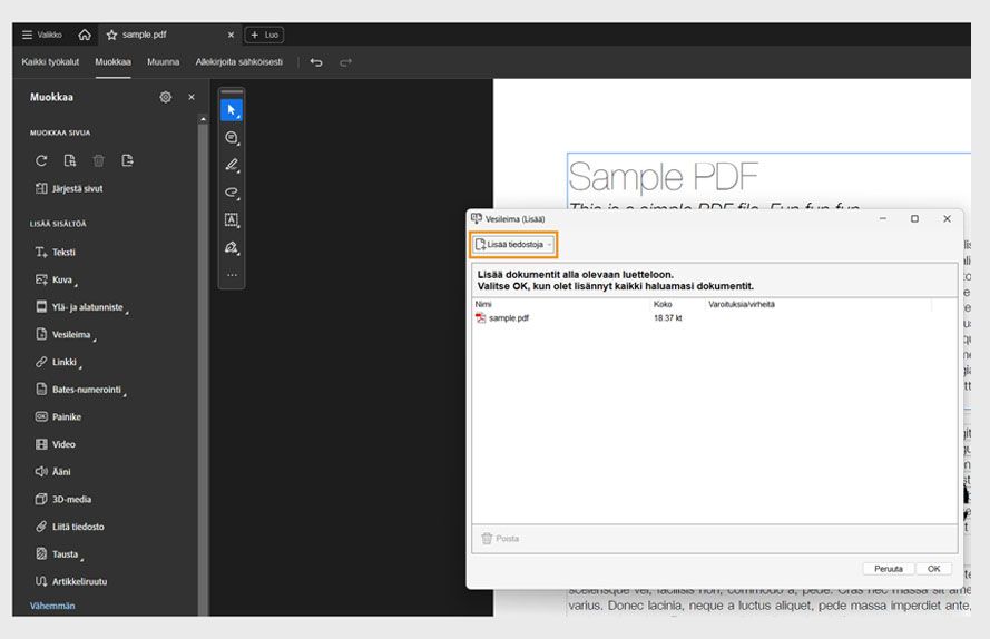 Valintaikkuna, jossa näkyy vaihtoehto lisätä tiedostoja vesileiman poistamiseksi yhdestä tai useammasta PDF-tiedostosta Acrobatin muokkaustyökaluilla.