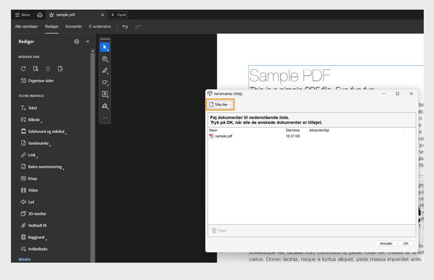 Dialogboks, der viser muligheden for at tilføje filer til fjernelse af vandmærke fra en eller flere PDF'er ved hjælp af Acrobats redigeringsværktøjer.