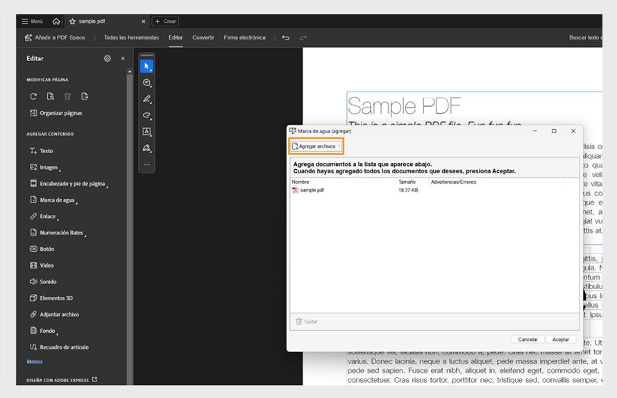 Cuadro de diálogo que muestra la opción de agregar archivos para eliminar la Marca de agua de uno o más archivos PDF utilizando las Herramientas de edición de Acrobat.