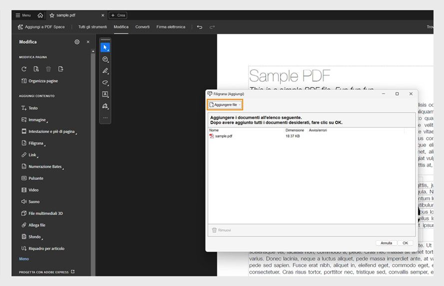 Finestra di dialogo che mostra l'opzione per aggiungere file per la rimozione della filigrana da uno o più PDF utilizzando gli strumenti di modifica di Acrobat.