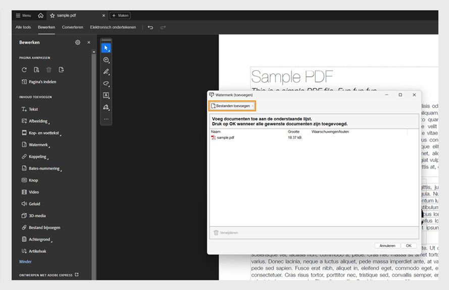 Dialoogvenster met de optie om bestanden toe te voegen voor het verwijderen van watermerken uit een of meer PDF's met behulp van de bewerkingstools van Acrobat.