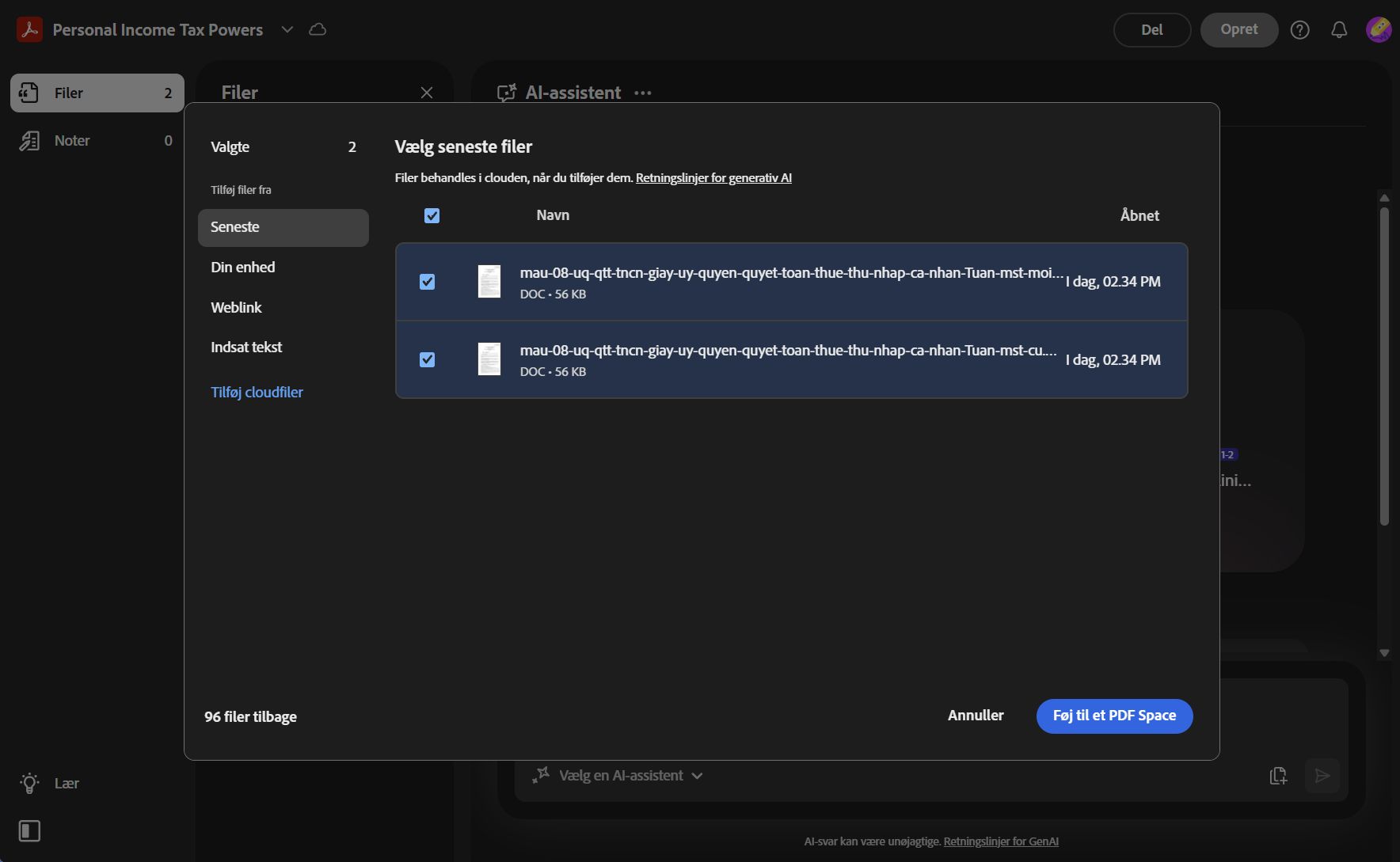 Dialogboks til tilføjelse af kildefiler til PDF Space med indstillinger for upload fra enhed, cloud-lagring, tekstinput eller web-URL.