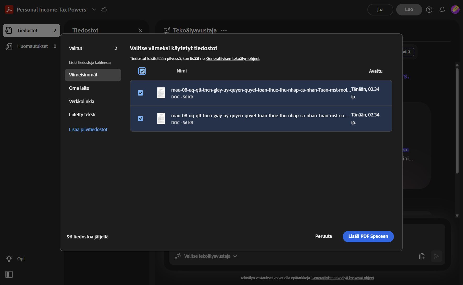 Valintaikkuna lähdetiedostojen lisäämiseksi PDF Spaceen, vaihtoehtoina lataaminen laitteelta, pilvitallennuksesta, tekstisyötteenä tai verkko-URL-osoitteesta.