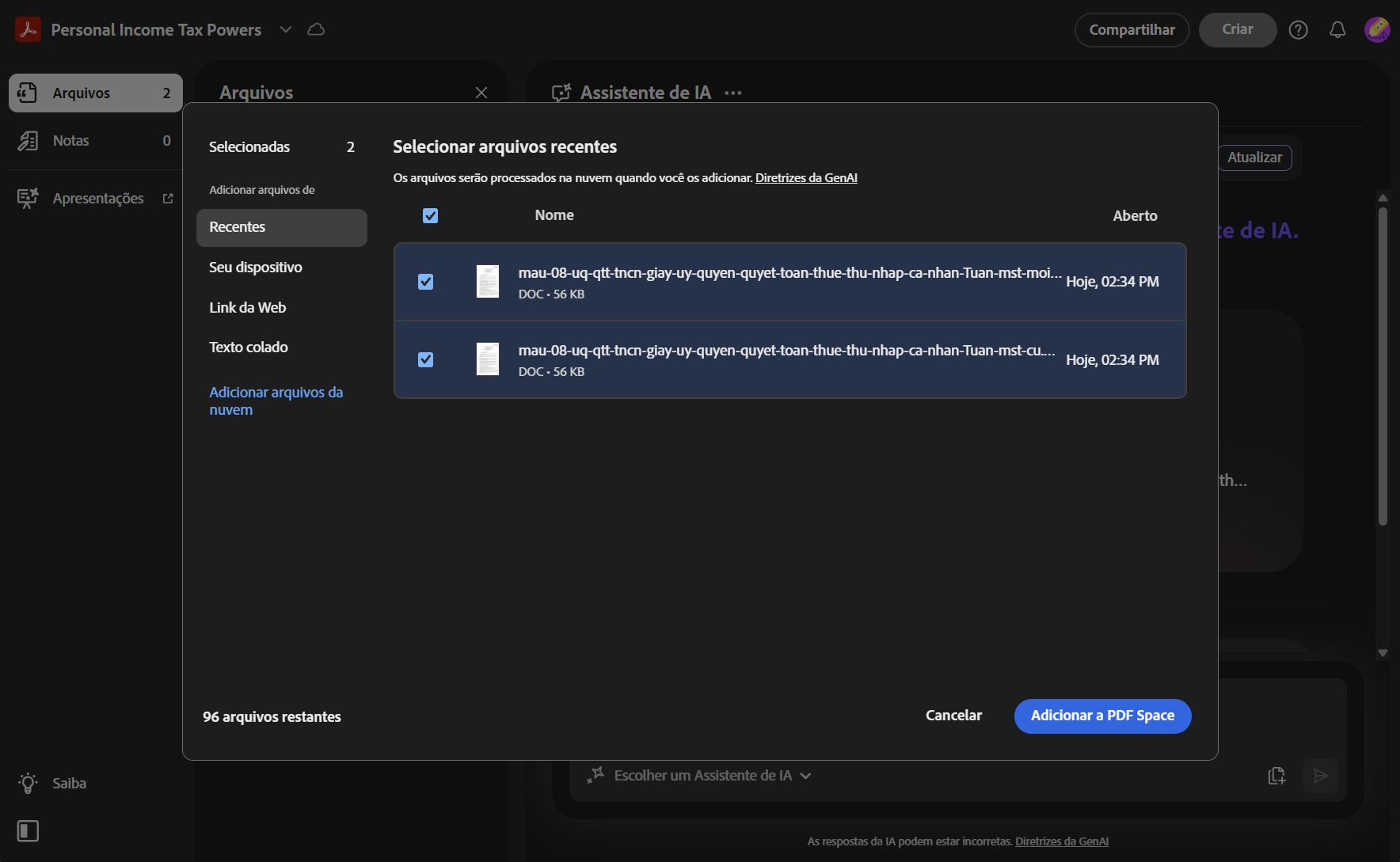 Caixa de diálogo para adicionar arquivos de origem ao PDF Space, com opções para fazer upload a partir do dispositivo, armazenamento na nuvem, entrada de texto ou URL da web.