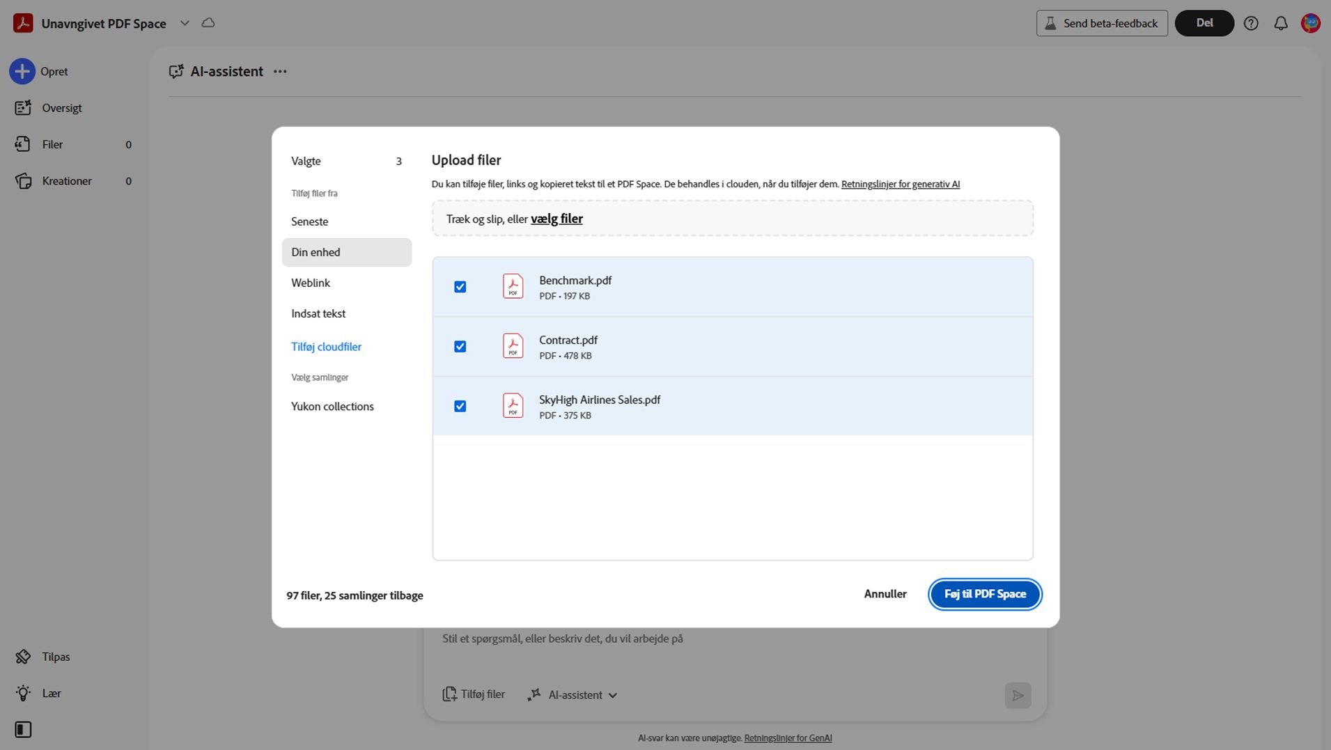 Dialogboks til tilføjelse af kildefiler til PDF Space med indstillinger for upload fra enhed, cloud-lagring, tekstinput eller web-URL.