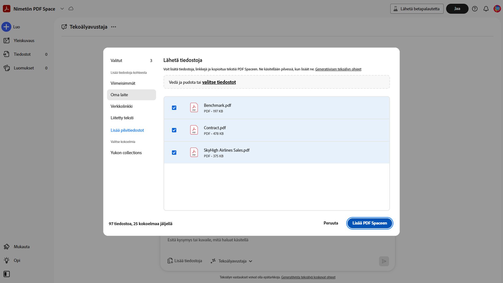 Valintaikkuna lähdetiedostojen lisäämiseksi PDF Spaceen, vaihtoehtoina lataaminen laitteelta, pilvitallennuksesta, tekstisyötteenä tai verkko-URL-osoitteesta.