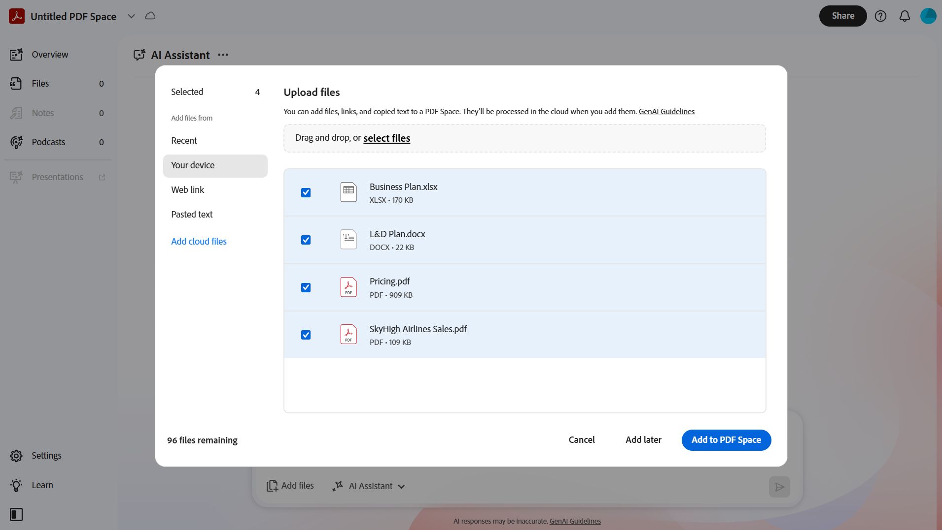 Dialog box para magdagdag ng mga source file sa PDF Space, na may mga opsyon para mag-upload mula sa device, cloud storage, text input, o web URL.