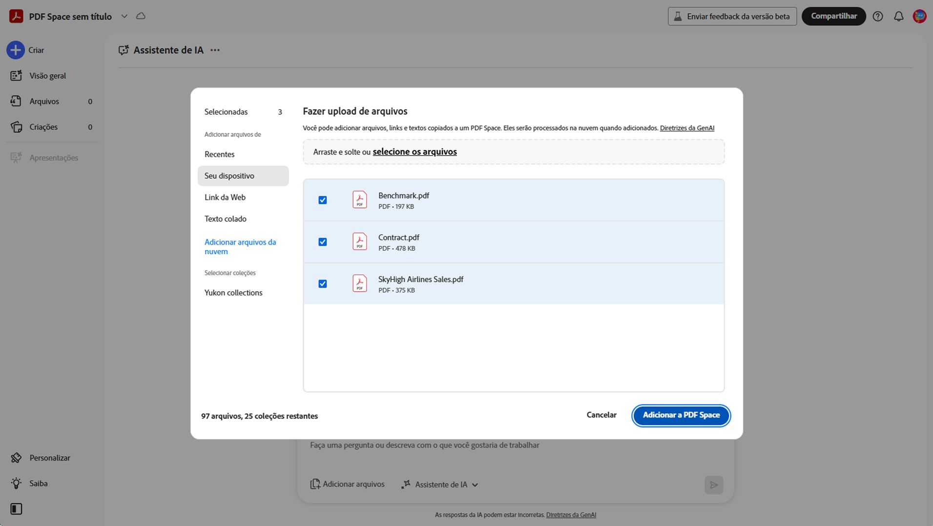 Caixa de diálogo para adicionar arquivos de origem ao PDF Space, com opções para fazer upload a partir do dispositivo, armazenamento na nuvem, entrada de texto ou URL da web.