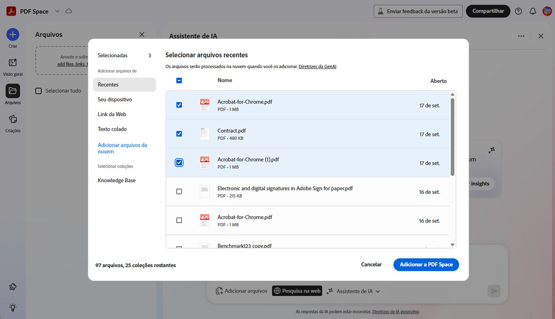 Caixa de diálogo para adicionar arquivos de origem ao PDF Space, com opções para fazer upload a partir do dispositivo, armazenamento na nuvem, entrada de texto ou URL da web.