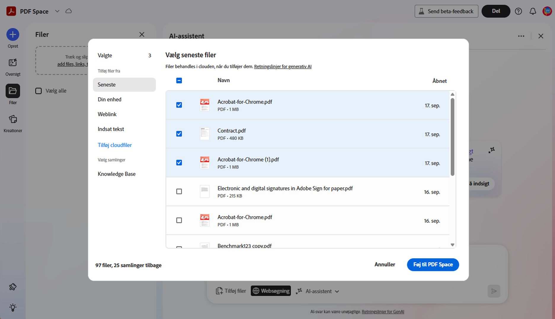 Dialogboks til tilføjelse af kildefiler til PDF Space med indstillinger for upload fra enhed, cloud-lagring, tekstinput eller web-URL.