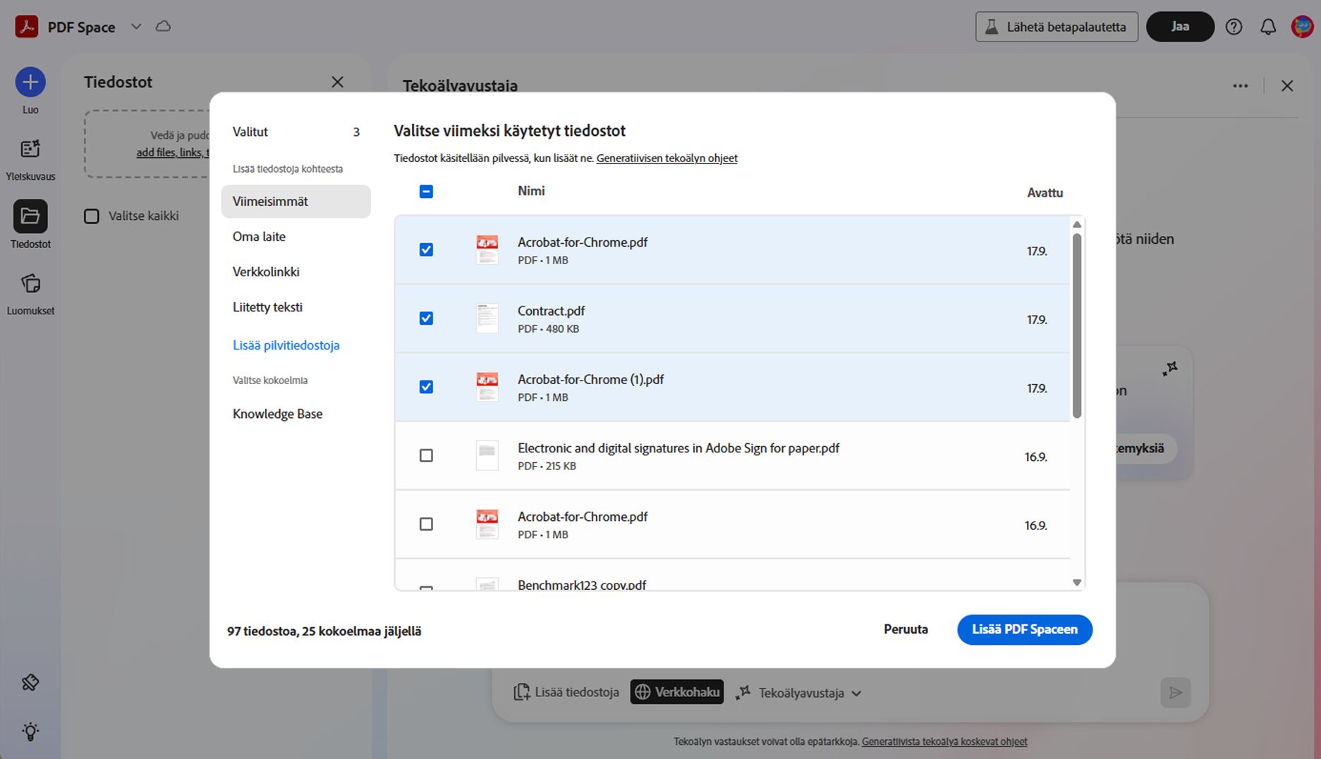 Valintaikkuna lähdetiedostojen lisäämiseksi PDF Spaceen, vaihtoehtoina lataaminen laitteelta, pilvitallennuksesta, tekstisyötteenä tai verkko-URL-osoitteesta.