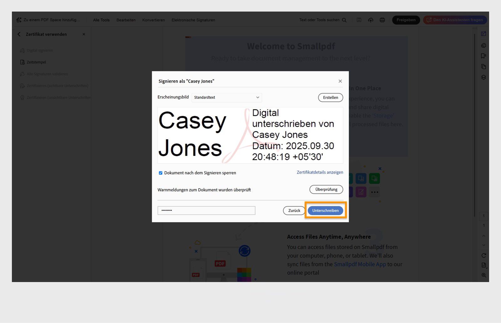 Dialogfeld mit Optionen für digitale Signaturen, ausgewähltem Zertifikat, Datum und Uhrzeit sowie der Option, das Dokument zu sperren.