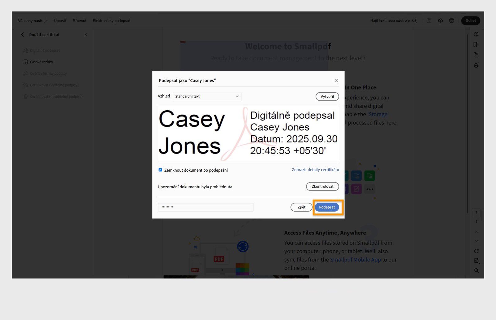 Dialogové okno zobrazující možnosti digitálního podpisu s vybraným certifikátem, datem a časem a možností uzamknout dokument.