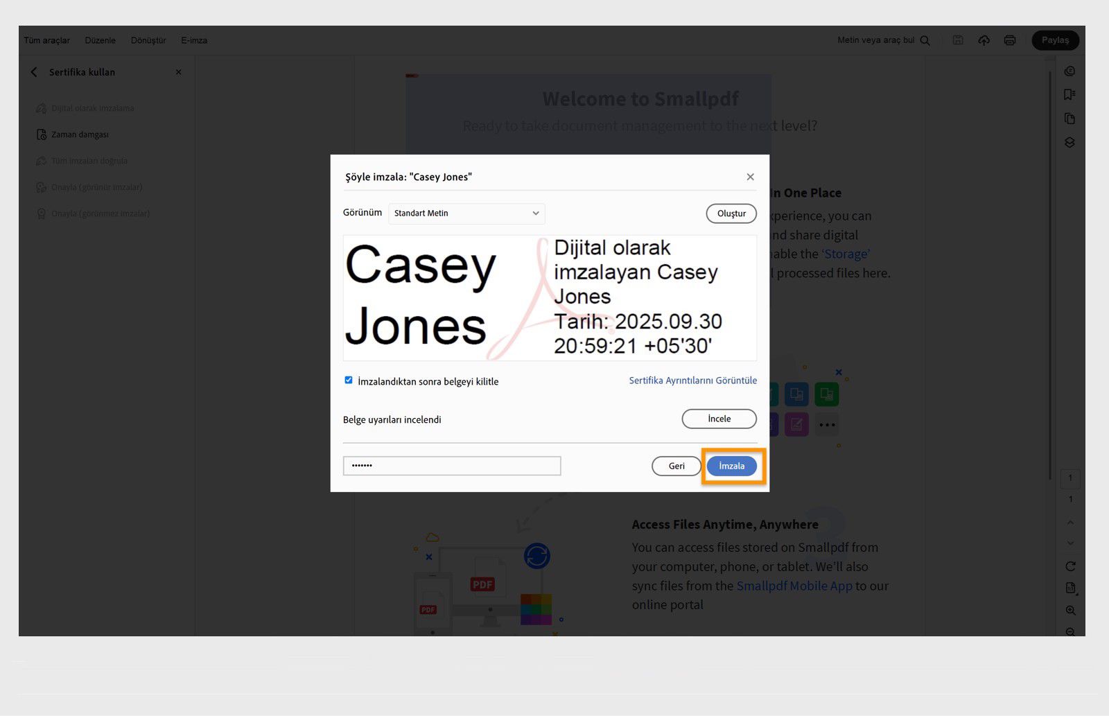 Seçili sertifika, tarih ve saat ile belgeyi kilitleme seçeneğini gösteren dijital imza seçenekleri iletişim kutusu.