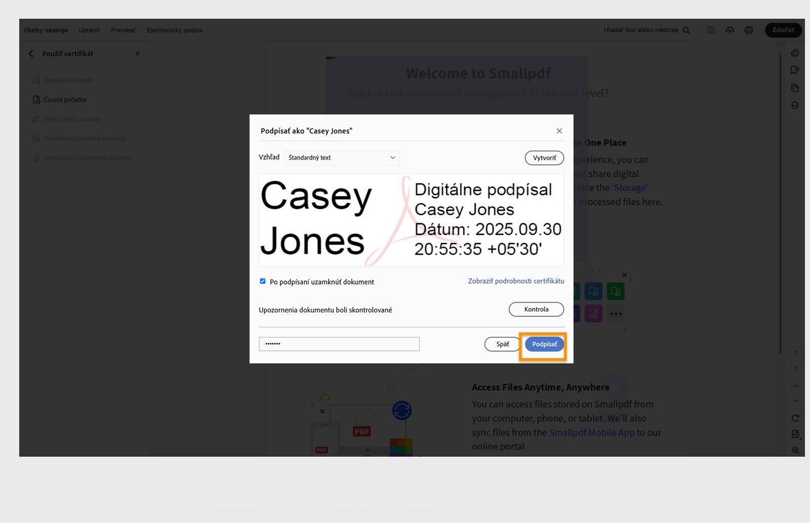 Dialógové okno zobrazujúce možnosti digitálneho podpisu s vybraným certifikátom, dátumom a časom a možnosťou uzamknúť dokument.
