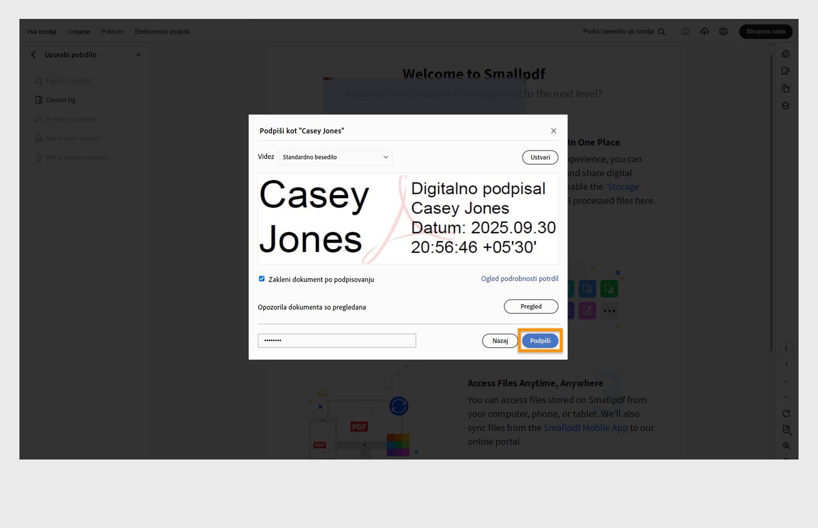 Pogovorno okno, ki prikazuje možnosti digitalnega podpisa z izbranim potrdilom, datumom in časom ter možnostjo zaklepanja dokumenta.