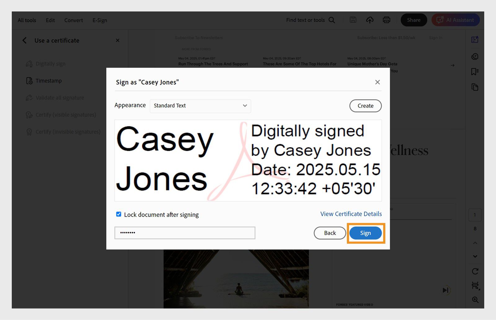 תיבת דו-שיח שמציגה אפשרויות חתימה דיגיטלית עם אישור נבחר, תאריך ושעה, ואפשרות לנעול את המסמך.