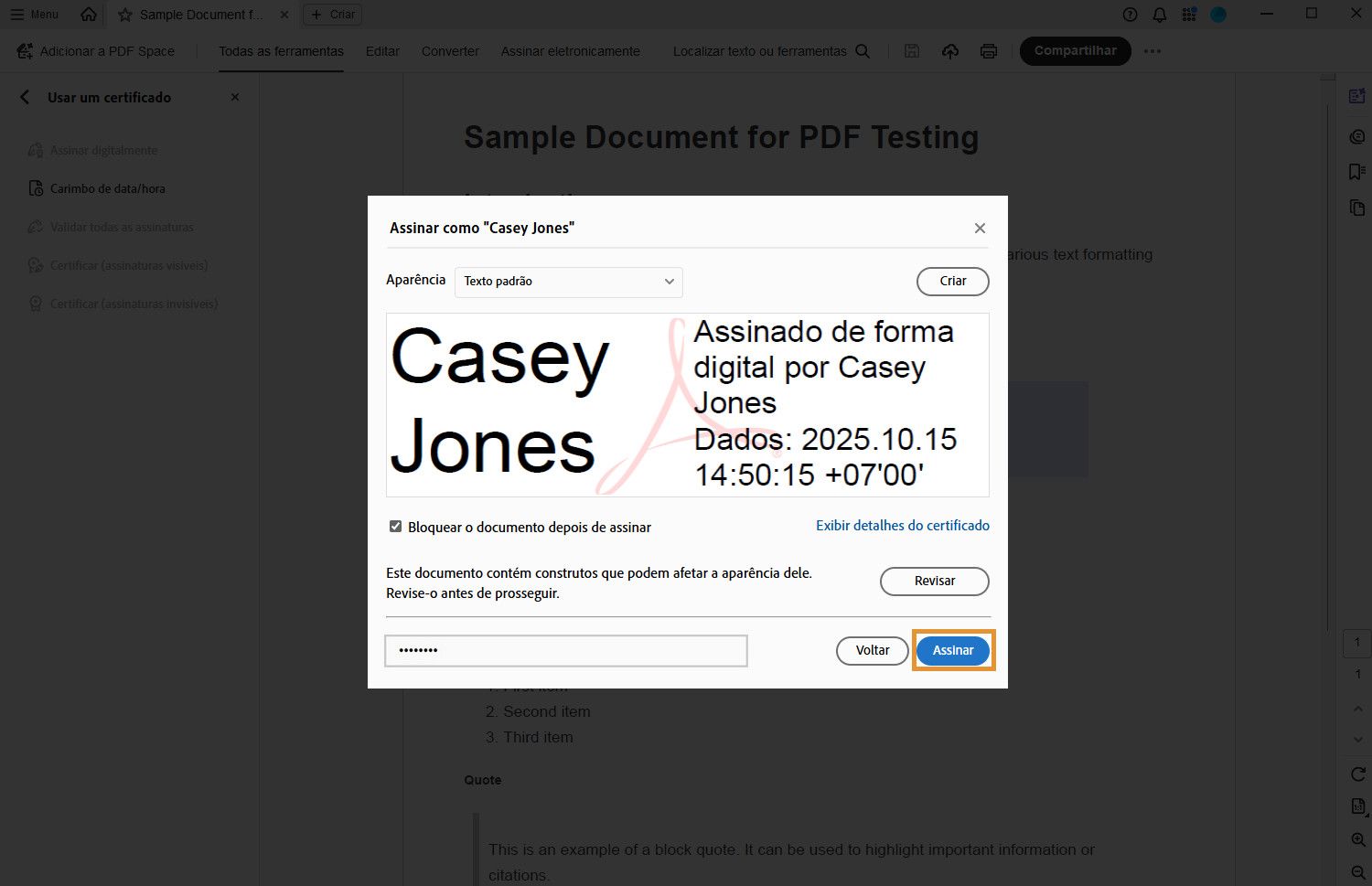 Diálogo mostrando as opções de assinatura digital com certificado selecionado, data e hora, e a opção de bloquear o documento.