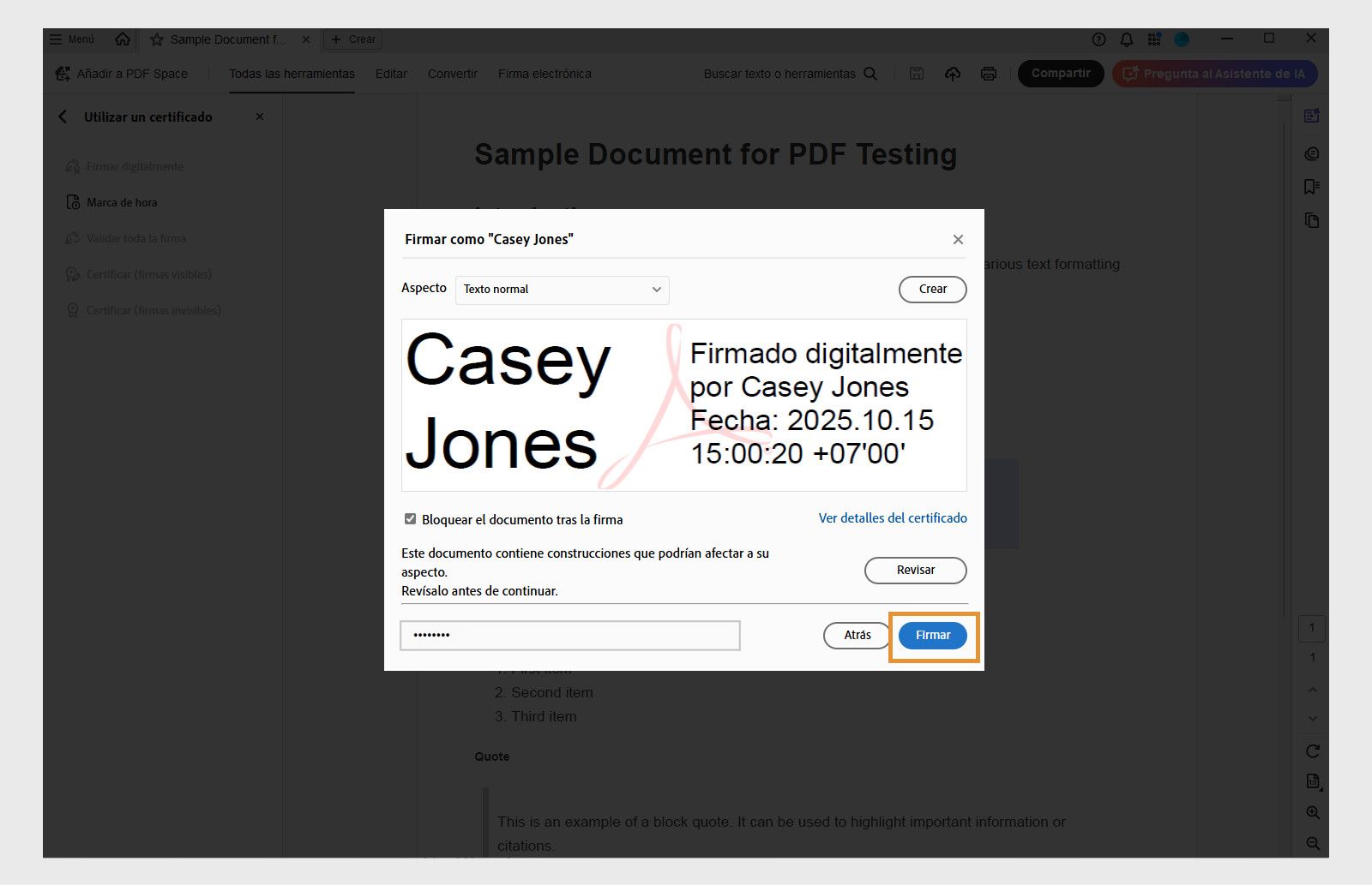 Cuadro de diálogo que muestra las opciones de firma digital con el certificado seleccionado, la fecha y hora, y la opción de bloquear el documento.