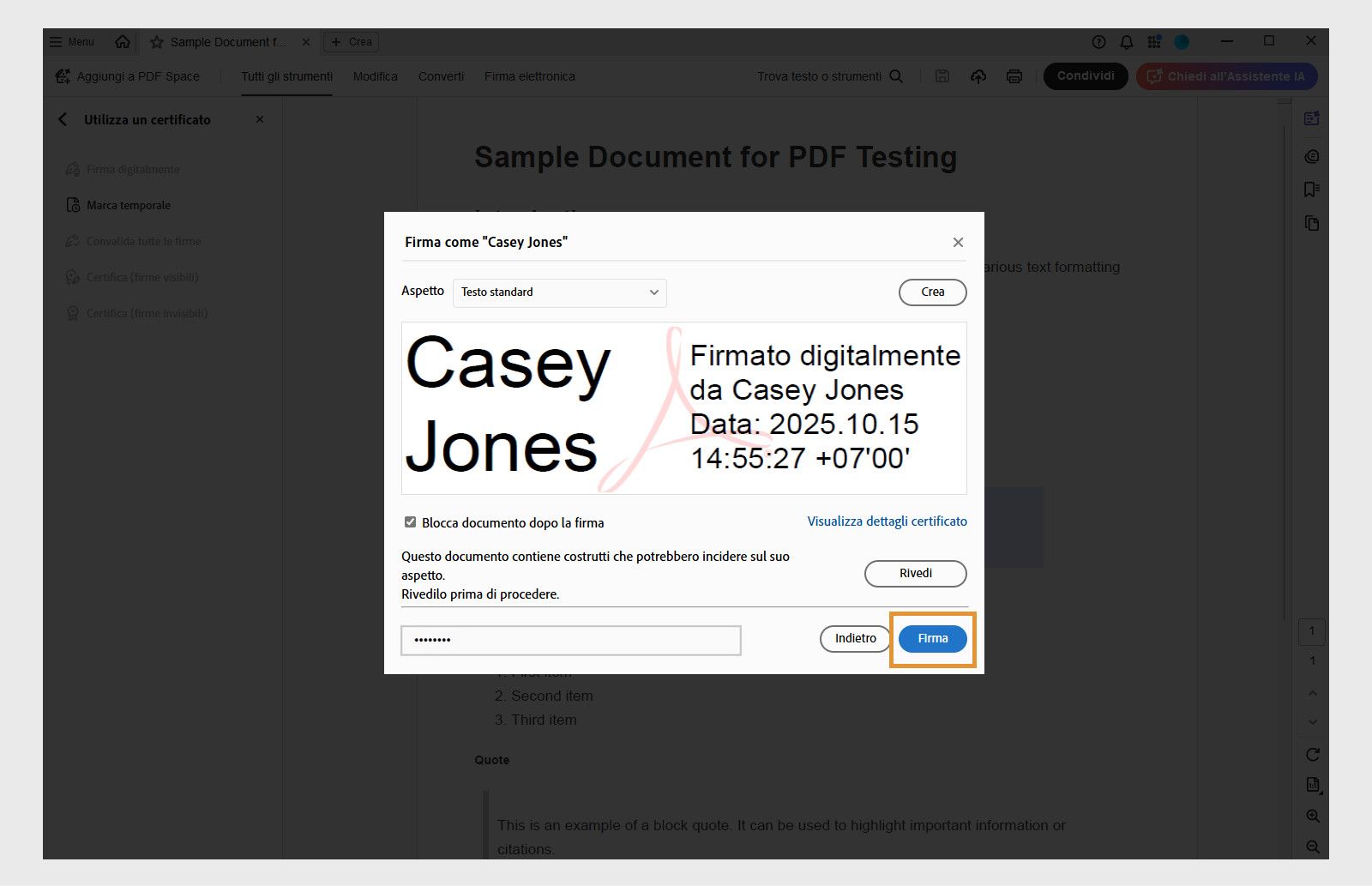 Finestra di dialogo che mostra le opzioni della firma digitale con certificato selezionato, data e ora, e l’opzione per bloccare il documento.