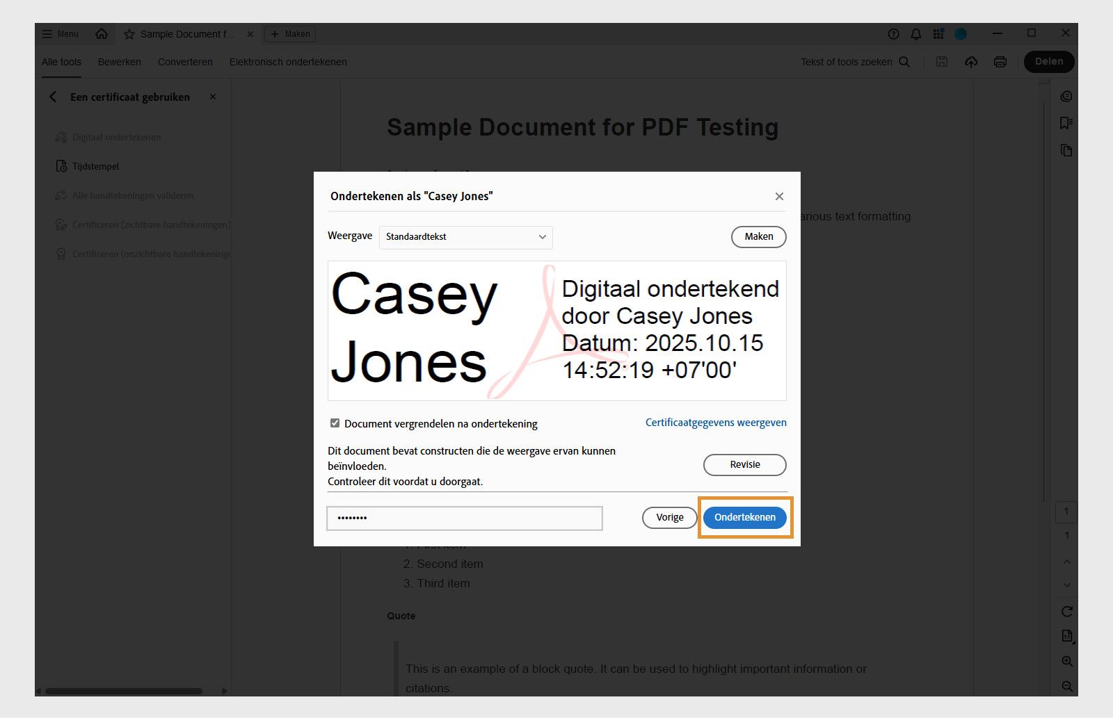 Dialoogvenster met opties voor digitale handtekeningen, geselecteerd certificaat, datum en tijd en de optie om het document te vergrendelen.