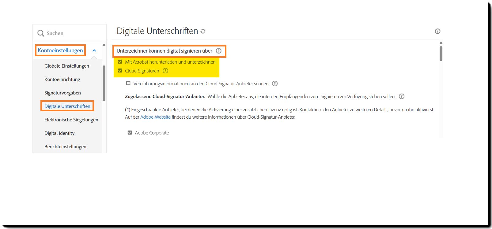 Der Abschnitt „Digitale Signaturen“ des Admin-Menüs mit hervorgehobenen Steuerelementen für die Option „Unterzeichnende können digitale Signaturen anwenden über“.