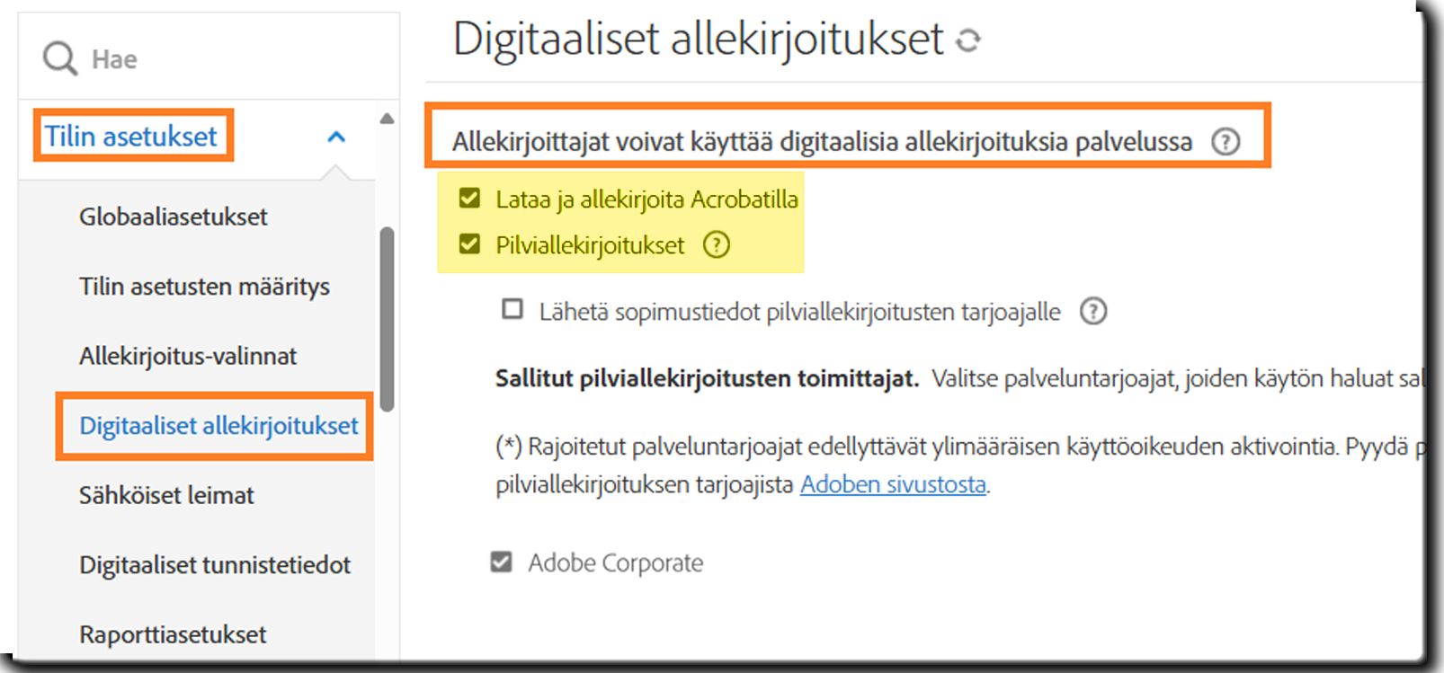 Hallintavalikon Digitaaliset allekirjoitukset -osio, jossa Allekirjoittajat voivat käyttää digitaalisia allekirjoituksia -ohjausobjektit ovat korostettuina.