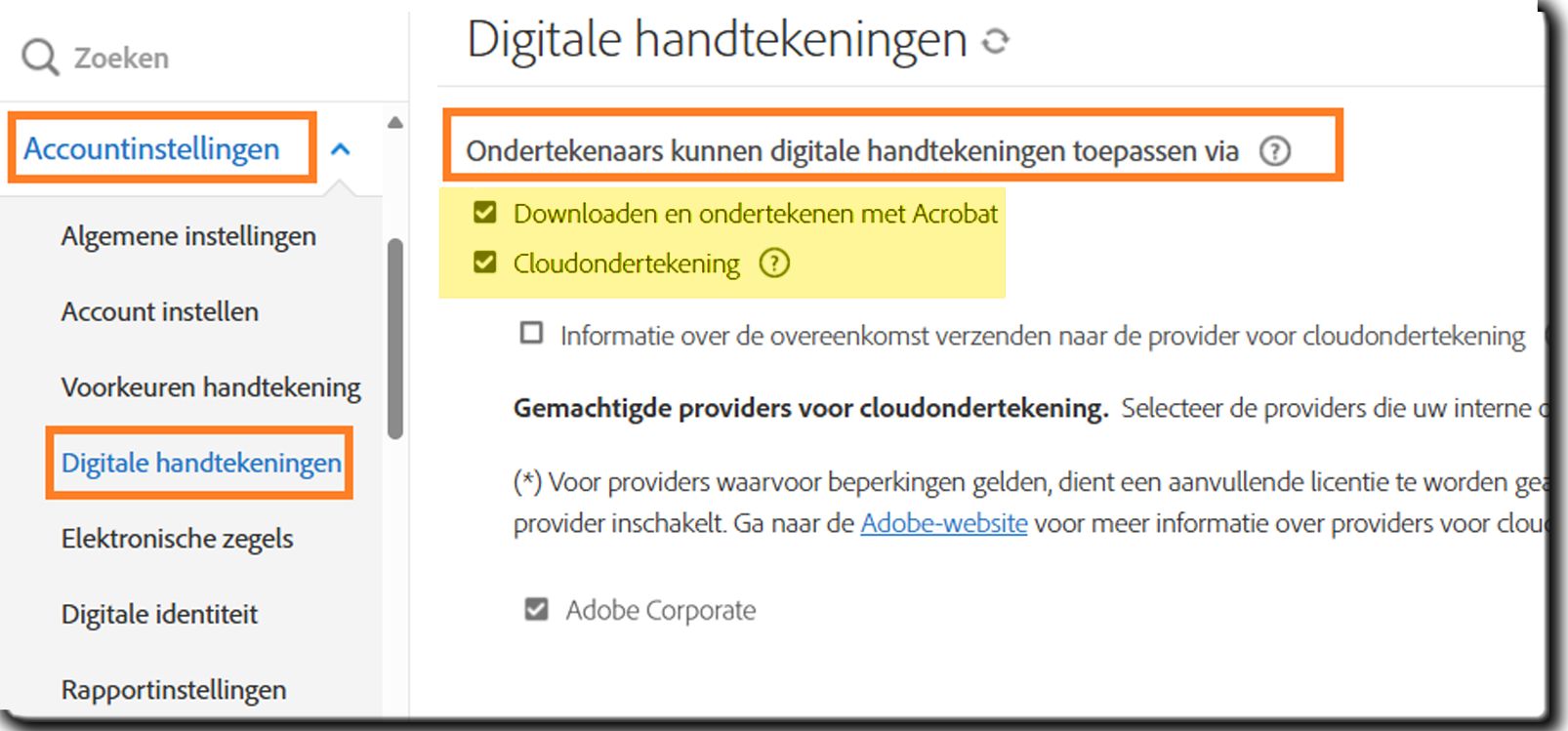 Het gedeelte Digitale handtekeningen van het beheerdersmenu met de besturingselementen voor ondertekenaars die digitale handtekeningen kunnen toepassen.