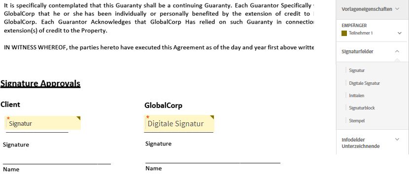 Die Drag-and-Drop-Authoring-Umgebung, in der sowohl das Feld für elektronische Signaturen als auch das Feld für digitale Signaturen angezeigt werden