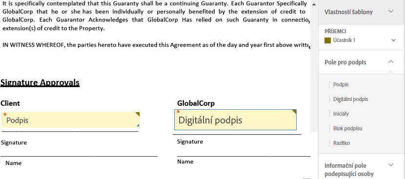 Prostředí pro vytváření s možností přetažení zobrazuje pole elektronického podpisu i pole digitálního podpisu.