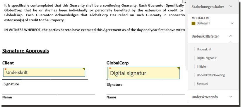 Oprettelsesmiljøet med træk og slip viser både feltet til elektronisk signatur og feltet til digital signatur.