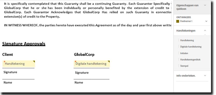 De authoringomgeving met slepen en neerzetten waarin zowel het elektronische handtekeningveld voor als het digitale handtekeningveld worden weergegeven.