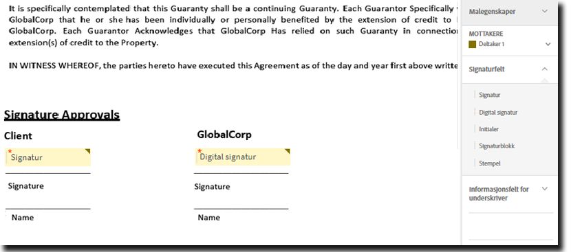 Dra og slipp-redigeringsmiljøet som viser både det elektroniske signaturfeltet og det digitale signaturfeltet.