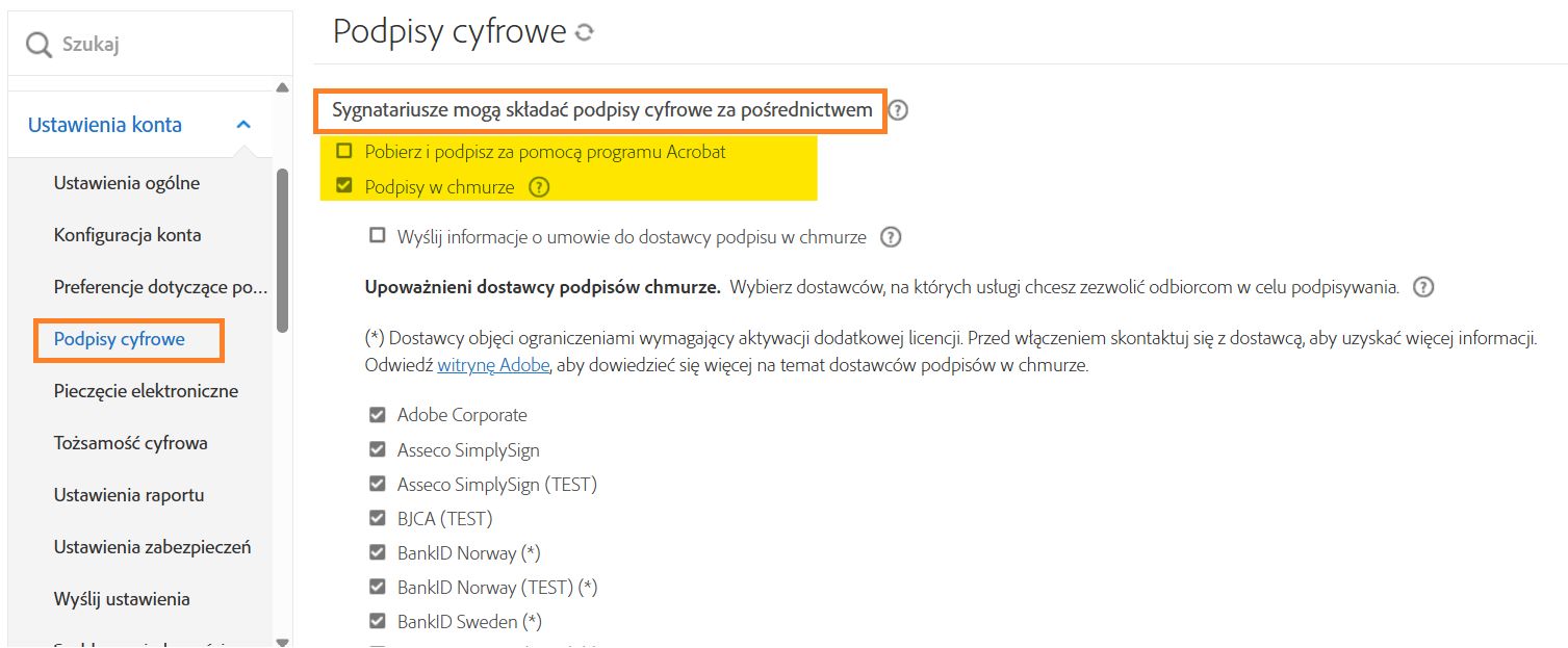 Elementy sterujące podpisami cyfrowymi, które muszą być włączone, aby opcja podpisu cyfrowego była dostępna.