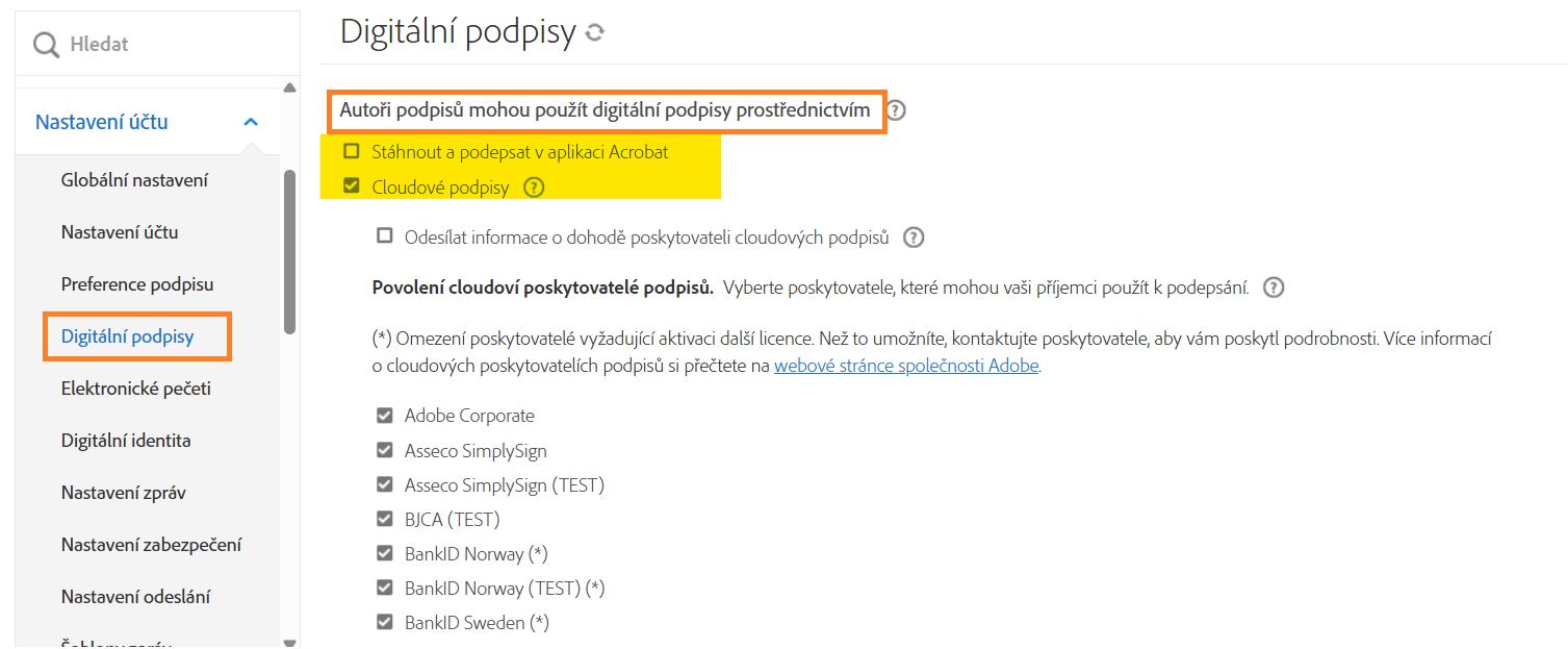 Ovládací prvky digitálního podpisu, které musí být povoleny, aby byla dostupná možnost digitálního podpisu.