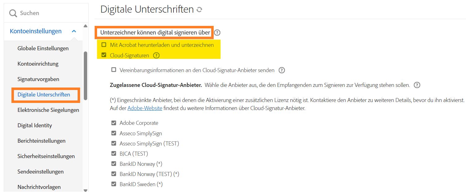 Steuerelemente für digitale Signaturen, die aktiviert sein müssen, damit die Option für digitale Signaturen verfügbar ist.