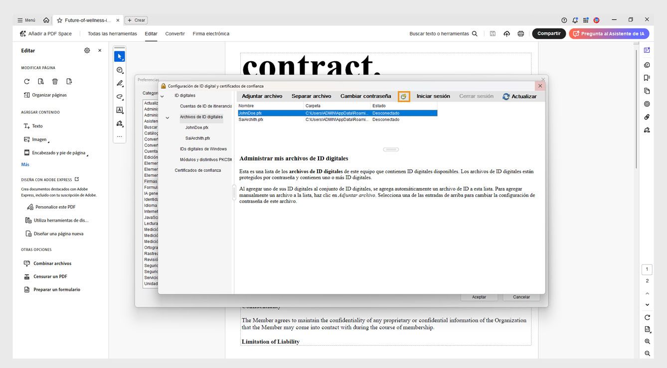 El cuadro de diálogo Configuración de ID digital y certificado de confianza muestra un archivo de ID digital seleccionado y la opción Tiempo de espera de contraseña resaltada.